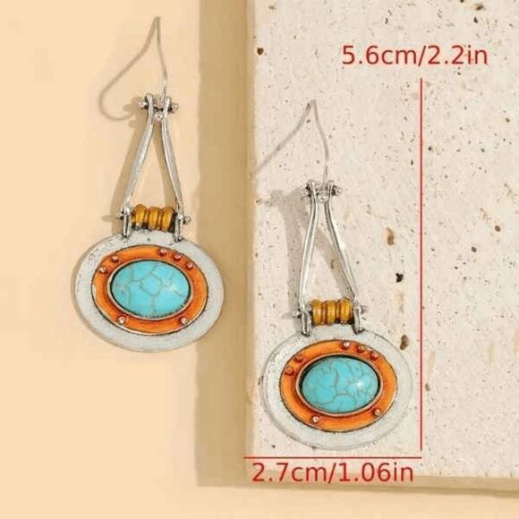 Western Boho Turquoise Dual Color Dangle Earrings - Picture 6 of 7